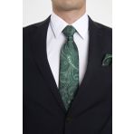 Bianze Yeşil Beyaz Şal Motif Desen Kravat Mendil Set