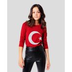 Biberium Ay Yıldız Baskılı Uzun Kollu Bisiklet Yaka Unısex Tişört - Kırmızı - 4 - 5 Yaş