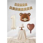 BİDOLUMUTLULUK Retro Krem Bej Yaş Folyo Balon Kraft Happy Birthday Flama Ayıcık Konsept Set Parti Kutlama Eğlence