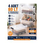 biedda 4 Adet 80 LT 6 Tekerlekli Kilitli Saklama Kutusu Şeffaf Mega Boy Plastik Organizer Kutu