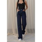 BİENAL BUTİK Kamelia Kadın 90's Salaş Likralı Kot Pantolon Kar Yıkama Likralı Palazzo Lacivert Yüksek Bel Jeans