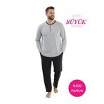 bie's Açık Gri Erkek Büyük Beden Bisiklet Yaka 3 Düğmeli Mevsimlik Uzun Kol Pijama Takımı
