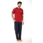 Bie's Erkek Bordo Bisiklet Yaka 3 Düğmeli Göğüs Cepli Pamuk Likra Mevsimlik Kısa Kol Pijama Takımı - 2XL