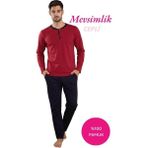 Bie's Erkek Kırmızı 3 Düğmeli %100 Pamuk Mevsimlik Uzun Kol Cepli Pijama Takımı - S - M