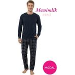bie's Erkek Lacivert Modal Düğmeli Ekose Desen Pamuk Likra Mevsimlik Manşetli Uzun Kol Cepli Pijama Takımı