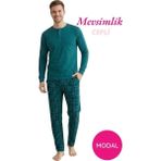Bie's Erkek Yeşil Modal 3 Düğmeli Ekose Desen Pamuk Likra Mevsimlik Manşetli Uzun Kol Cepli Pijama Takımı - XL