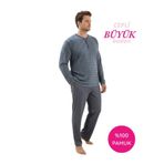 bie's Gri Desenli Erkek Büyük Beden Bisiklet Yaka 3 Düğmeli Mevsimlik Uzun Kol Pijama Takımı