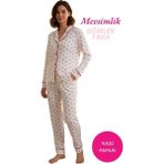 Bie's Kadın Beyaz Kırmızı Kalp Desen %100 Pamuk Fitilli Kumaş Mevsimlik Uzun Kol Cepli Pijama Takımı - 2XL