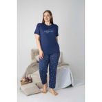 Bie's Kadın Lacivert Bisiklet Yaka Düğmesiz Battal Kesim Viskon Yazlık Kısa Kol Büyük Beden Pijama Takımı - 4XL