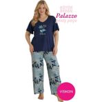 Bie's Kadın Lacivert Büyük Beden Çiçek Desenli Düğmesiz Viskon Kısa Kol Oversize Üst Palazzo Geniş Paça Homewear Pijama Takımı - 3XL