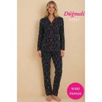 Bie's Kadın Lacivert Kırmızı Biyeli Yıldız Gömlek Yaka Önden Düğme Uzun Kollu Mevsimlik Pamuk Pijama Takımı