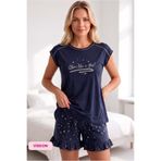 bie's Kadın Lacivert Yıldız Desen Düğmesiz Bisiklet Yaka Yazlık Viskon Kısa Kollu Mini Şortlu Pijama Takım