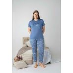 Bie's Kadın Mavi Bisiklet Yaka Düğmesiz Battal Kesim Viskon Yazlık Kısa Kol Büyük Beden Pijama Takımı - Indigo - 2XL