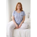 bie's Kadın Mavi Büyük Beden Desenli Bisiklet Yaka 3 Düğmeli Likralı Viskon Kısa Kollu Pijama Takımı