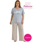 Bie's Kadın Mavi Büyük Beden Yaprak Desenli Düğmesiz Viskon Kısa Kol Oversize Üst Palazzo Geniş Paça Homewear Pijama Takımı - 2XL
