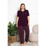 Bie's Kadın Mürdüm Desenli V Yaka 3 Düğmeli Likralı Viskon Kısa Kol Pijama Takımı - 4XL