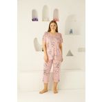 bie's Kadın Pembe Çiçekli Düğmesiz V Yaka Geniş Battal Büyük Beden Kapri/Bermuda Viskon Pijama Takımı