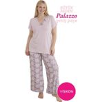 Bie's Kadın Pudra Büyük Beden Çiçek Desenli Düğmesiz Viskon Kısa Kol Oversize Üst Palazzo Geniş Paça Homewear Pijama Takımı - 3XL