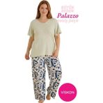 Bie's Kadın Yeşil Büyük Beden Düğmesiz Viskon Kısa Kol Oversize Üst Palazzo Geniş Paça Homewear Pijama Takımı - 4XL