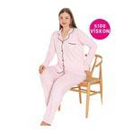 bie's Pembe Çizgili Büyük Beden Viskon Önden Düğme Gömlek Yaka Göğüs Cepli Uzun Kol Mevsimlik Pijama Takım