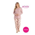 bie's Pembe Kadın Büyük Beden Desenli Bisiklet Yaka 3 Düğmeli Mevsimlik Likra Viskon Uzun Kol Pijama Takım