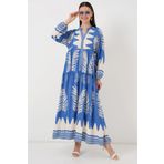 Bigdart 2423 H İndigo Otantik Desenli Kadın Elbise