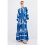Bigdart 2423 Otantik Desenli Elbise - Beyaz - Indigo - 40 - İndigo - Beyaz
