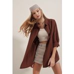 Bigdart 3900 Kahverengi Oversize Uzun Basic Kadın Gömlek