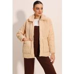 Bigdart 5182 Bej Peluş Detaylı Oversize Şişme Kadın Mont