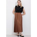 Bigdart 8009 Deri Görünümlü Piliseli Etek - Taba - Standart