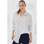 Bigdart Kadın Bej Beyaz Desenli Oversize Saten Gömlek 3985 - 38 - Bej - Beyaz
