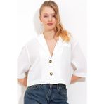 Bigdart Kadın Beyaz Çift Düğmeli Oversize Crop Keten Ceket 0706 - 38