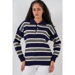 Bigdart Kadın Çizgili Polo Yaka Triko Kazak 15952 - Lacivert - Standart