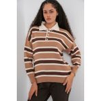 Bigdart Kadın Çizgili Polo Yaka Triko Kazak 15952 - Vizon - Standart