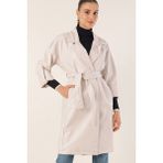 Bigdart Kadın Ekru Polyester Kuşaklı Trençkot – Klasik Yaka, Düz Desen, Şık ve Rahat Günlük Kullanım - 42