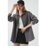 Bigdart Kadın Gri Düz Oversize Uzun Basic Gömlek 3900
