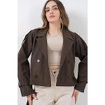 Bigdart Kadın Kemerli Kısa Trençkot 5970 A.kahve Kruvaze Yaka Dokuma Kumaş Regular Fit - Çok Renkli - 42