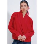 Bigdart Kadın Kırmızı Kruvaze Yaka Dökümlü Saten Bluz 0492