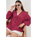 Bigdart Kadın Önü Bağcıklı Uzun Kol Bluz 946 - Bordo - 40