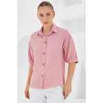 Bigdart Kadın Pembe Kısa Kol Oversize Keten Gömlek 20240 - 38