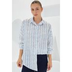 Bigdart Kadın Turkuaz Beyaz Desenli Oversize Saten Gömlek 3985 - 36