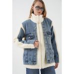 Bigdart Kadın Uzun Peluş Kot Mont Lacivert Renk Dik Yaka Tasarım Casual Stilde - L - XL
