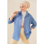 Bigdart Oversize Basic Tesettür Gömlek - Indigo Düz Günlük Stil Kadın Giyim - 42 - İndigo