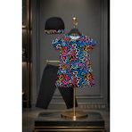 Bigiyin Kız Çocuk Kısa Kol Mayo Takımı Kız Çocuk Mayosu Desenli Tunik, Tayt ve Bone 3'lü Set - Turuncu - 13 - 14 Yaş