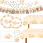 BIGKEOKI First Trip Inspired Around The Sun Doğum Günü Süslemeleri 102 adet Boho Sun 1. Doğum Günü Kağıt Tabaklar Peçeteler Bardaklar ve Masa Örtüsü You Are My Sunshine Parti Malzemeleri Boho Güneş 1. Doğum