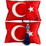 Bigohobi Ay Yıldız Desenli Oto Boyun Yastığı ve Ayna Süsü, Koltuk Yastığı (2'li) - Kırmızı - Boyun Yastığı ve Nazar Boncuğu