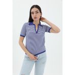 Bigwos Ince Çizgili Polo Yaka Triko Kazak - Saksmavisi - Saks Mavi - Standart