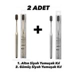 BIJIE Bıjıe 2 Adet Altın ve Gümüş Diş Fırçası Yumuşak Kıllı Estetik Tasarım - Siyah