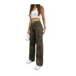 BİKELİFE Haki Kargo Cepli Likralı Yüksek Bel Wide Leg Pantolon yeşil XL