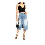 BİKELİFE Kadın Asimetrik Kesim Yırtmaçlı Midi Boy Denim Jean Etek mavi 36